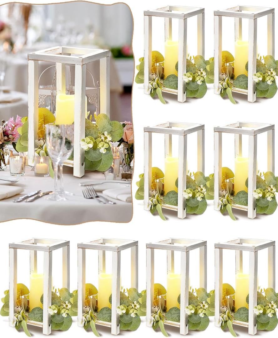 16 Pcs Wooden Wedding Lantern Centerpiece Includes 8 Rustic Wooden Lantern Centerpiece and 8 Flameless Candle Holder for Farmhouse Rustic Table Decorations Party Gift(White)