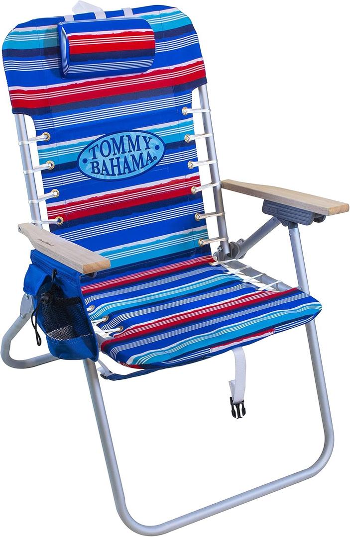 Tommy Bahama Hi-Boy 17" Seat Height 4-Position Lace-Up Suspension Folding Beach Backpack Chair (Red and Blue Stripe)