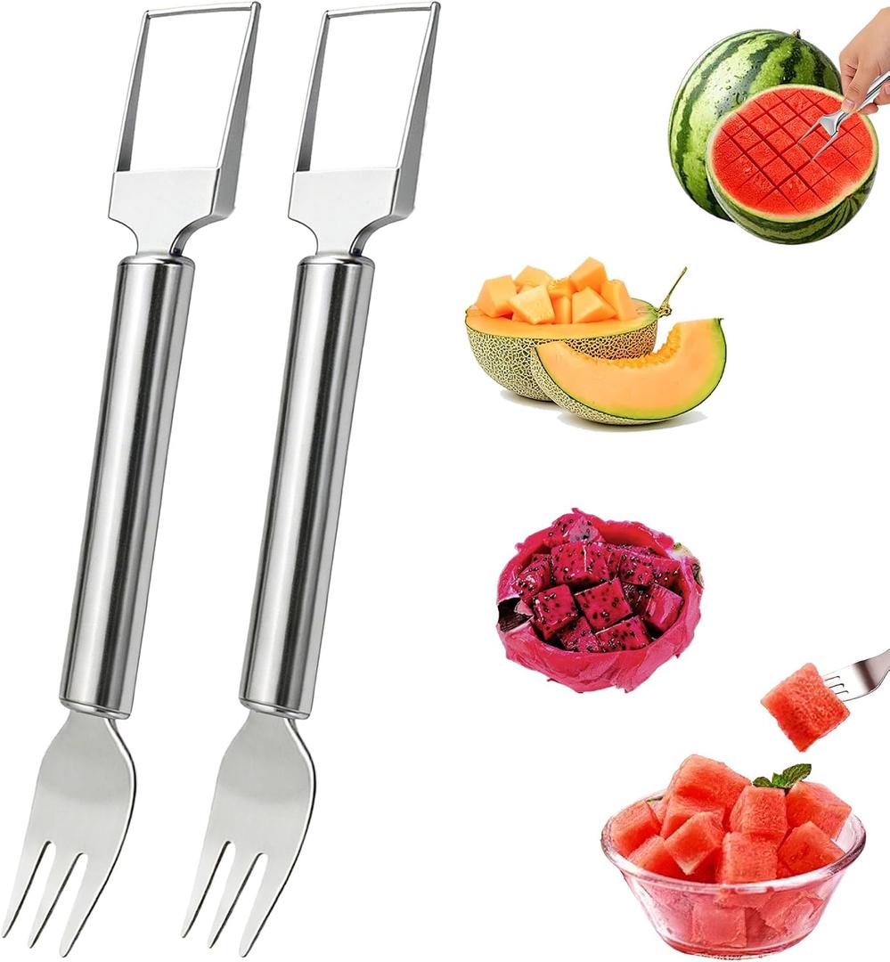3 x 2-in-1 Dual Head Watermelon Slicer Fork, 304 Stainless Steel Fruit Cube Cutter Tool, 2 Pack