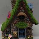 ASAWASA Resin Fairy House Statues with Solar Powered Lights, Funny Garden Sculptures with Flocked and Cobblestone Decor, Exquisite Garden Cottage Figurines