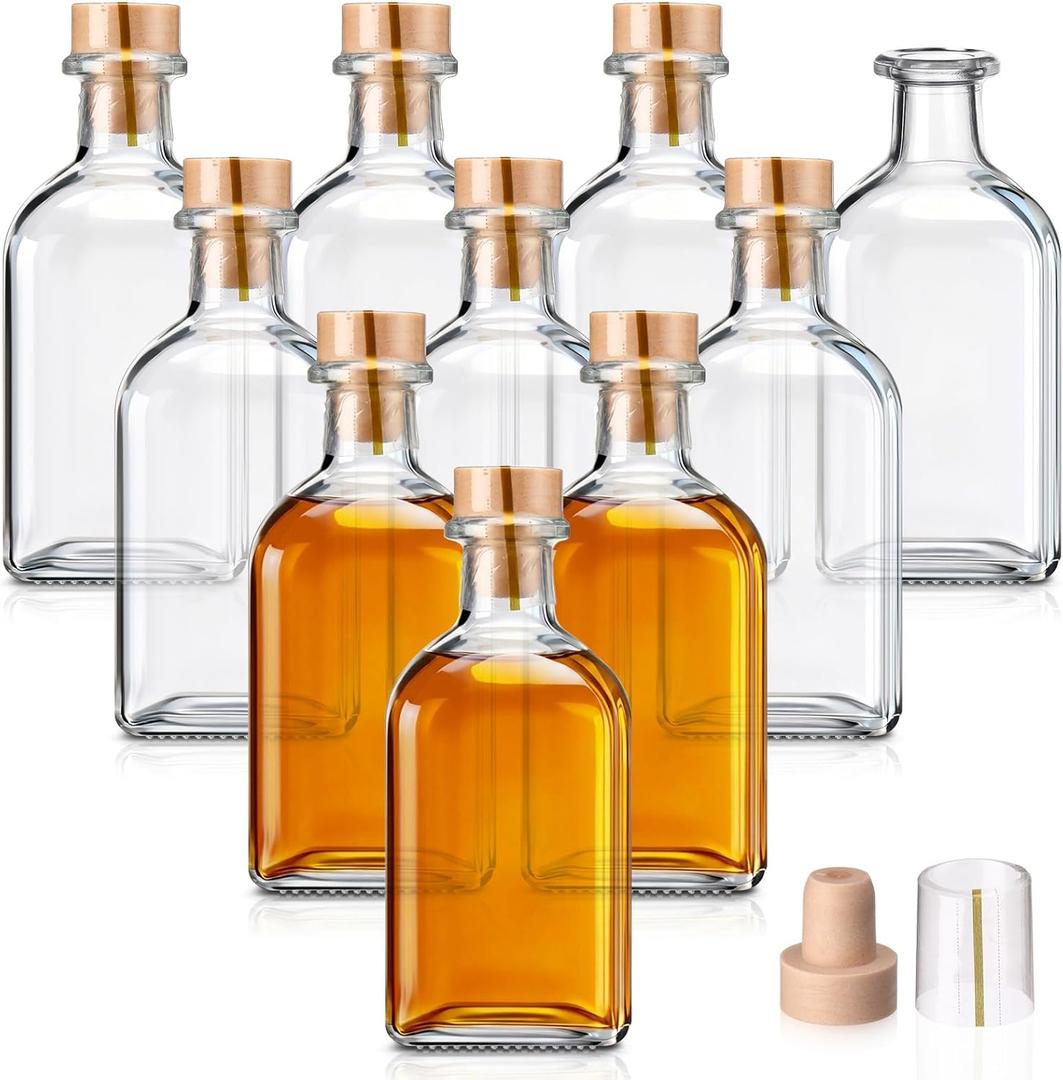 10 Pcs 8 oz/ 250 ml Clear Glass Bottles with T Top Cork Stoppers Square Empty Liquor Bottles with Heat Shrink Capsules Airtight Refillable Bottle for Vodka Whiskey Juice Oil Soda Bear Wine
