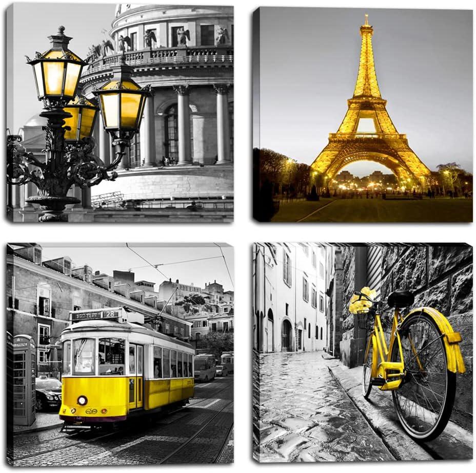 YMYXMC33 Decor Bedroom Paris Eiffel Tower Wall Art Canvas Print Black and White Wall Art Decoration Living Room 16x16 inch x4 Panel
