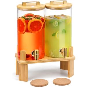 1.5 Gallon 2 PACK Glass Drink dispenser, Beverage Dispenser With Wood Stand, Lemonade Dispenser with Airtight Valve and Stainless Steel Spigot,Drink Dispenser for Parties