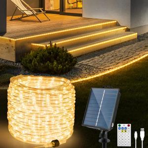 OMIKA 50ft 600 LEDs Solar Rope Lights, USB Charging, 20 Lighting Modes, Dimmable Timer Remote Control, IP68 Waterproof for Outdoor Trees, Parties, Gardens, Weddings, Christmas Decorations (Warm White)