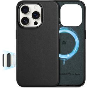 SHIELDON Case for iPhone 16 Pro 6.3", [Camera Button Updated], Compatible with MagSafe, Genuine Leather Magnetic Wireless Charging, Slim Fit, Metal Button, Shock-Absorbent Protective Case - Black
