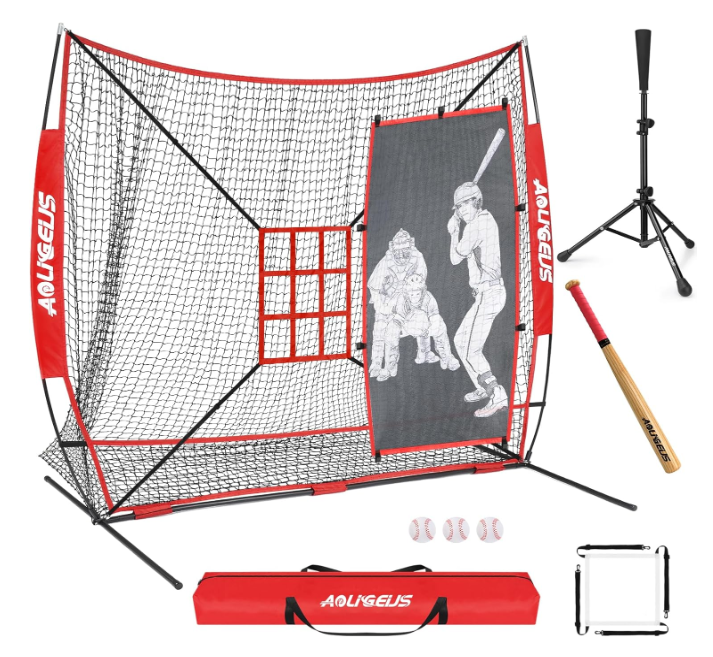 7'X7' Softball Practice Net - Pitching & Batting Net with Baseball Tee, Batter Dummy, Strike Zone & Bow Frame