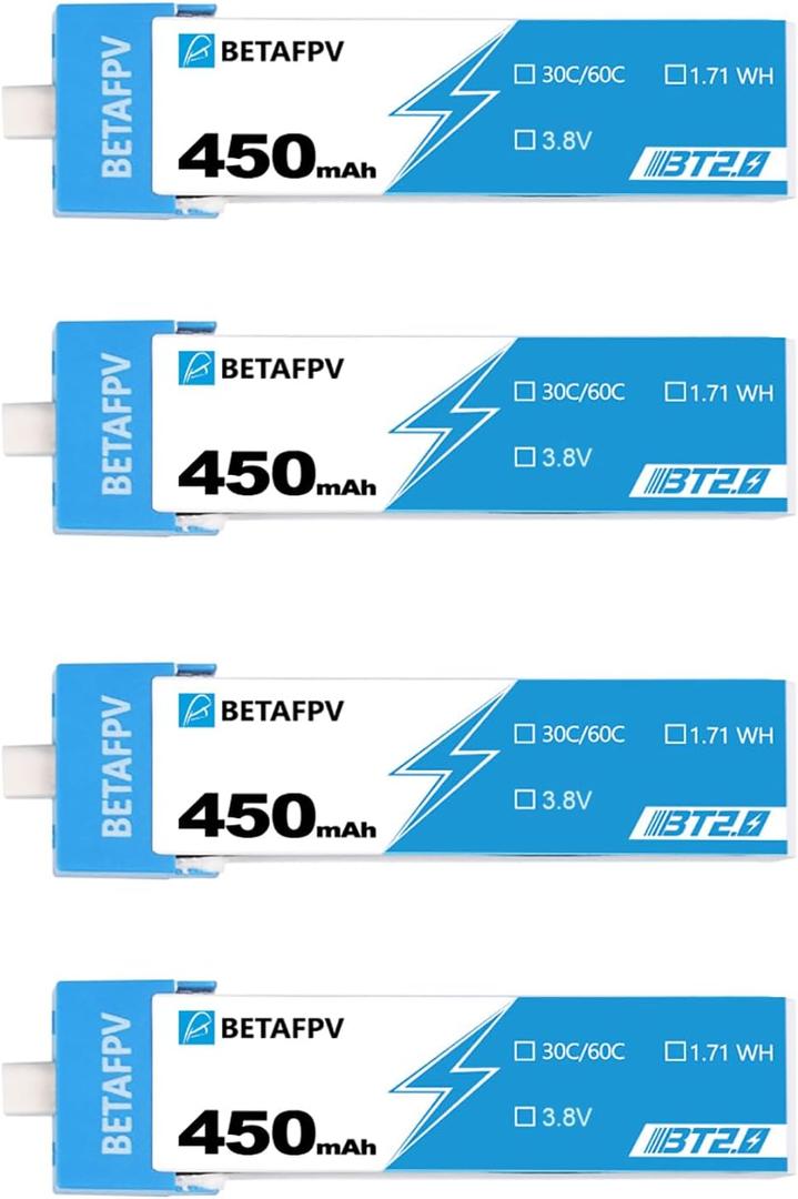 BETAFPV 4pcs BT2.0 450mAh 1S Battery 3.8V 30C Lipo Battery with BT2.0 Connector Compatible for 1S Tiny Whoop Drone Quadcopter Like Meteor75, Cetus Pro FPV Kit, Cetus X FPV Kit
