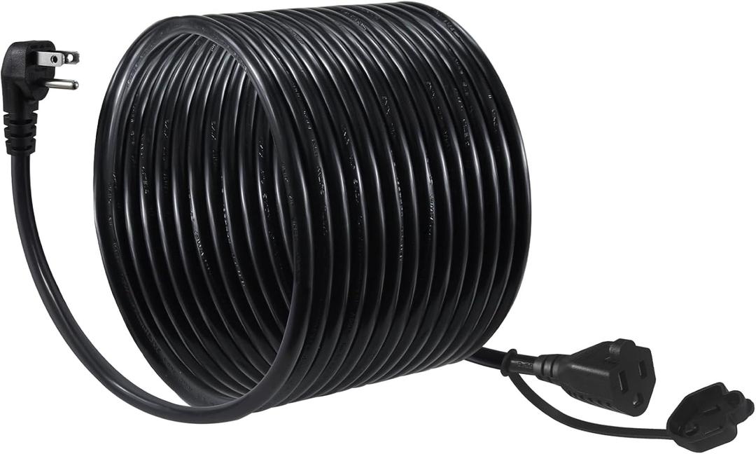 25FT Black Outdoor Extension Cord - Flat Plug, Waterproof SJTW 16Gauge, 125V 13A 1625W 3Prong Grounded Exterior Cord, Cold Weather