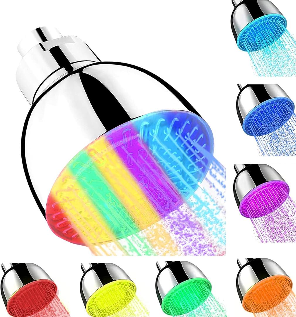 LED Shower Head, 7 Color Lights Automatically Change Fixed Shower Head for Bathroom, Tool-free Installation Adjustable Ultra-Quiet High Pressure for Kids Adult