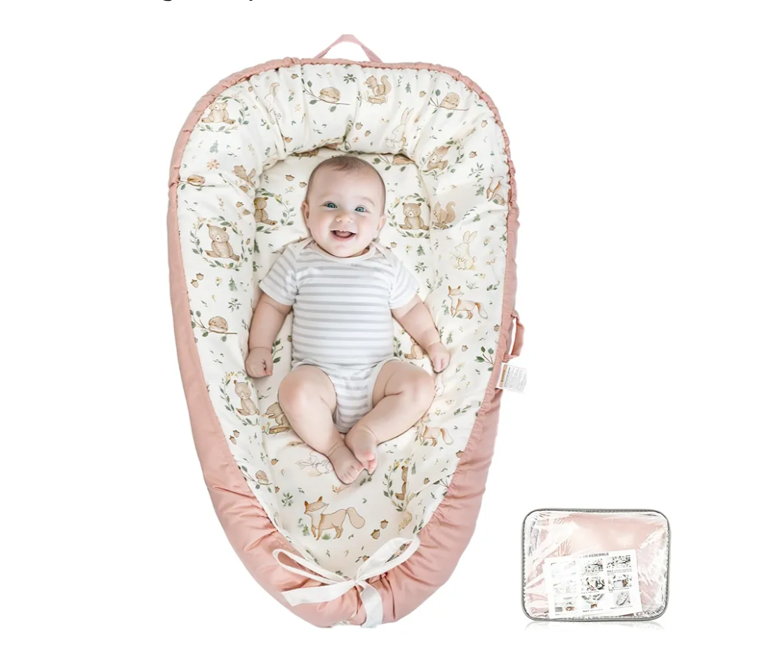 Baby Lounger - Babies Nest for Newborn, Breathable & Soft Organic Cotton Lounger, Portable Baby Lounger for Home & Travel, Ideal Newborn Essentials, Pink Bear