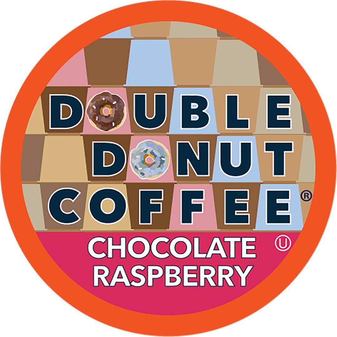 Double Donut Coffee Flavored Coffee Pods, Chocolate Raspberry Coffee, Single Serve Medium Roast Coffee for Keurig K Cups Brewers, 24 Count (EXP 02/11/28)