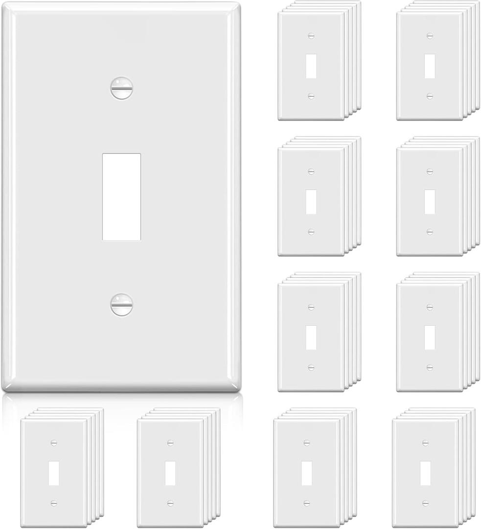 BESTTEN Light Switch Cover Plate, 1-Gang Toggle Wall Plate, Unbreakable Polycarbonate Faceplate Cover, Standard Size, UL Listed, White, 50 Pack