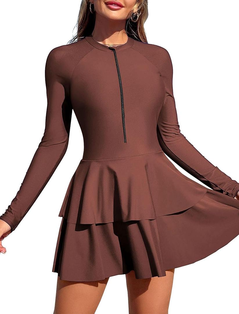 ZAFUL Women's One Piece Rash Guard Long Sleeve Modest Swimsuits Dress Zipper Bathing Suit Swimskirt, Dust Pink, L
