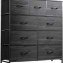 WLIVE 9-Drawer Dresser, Fabric Storage Tower for Bedroom, Entryway, Closet, Tall Chest Organizer Unit with Fabric Bins, Steel Frame, Wood Top, Easy Pull Handle, Charcoal Black Wood Grain Print