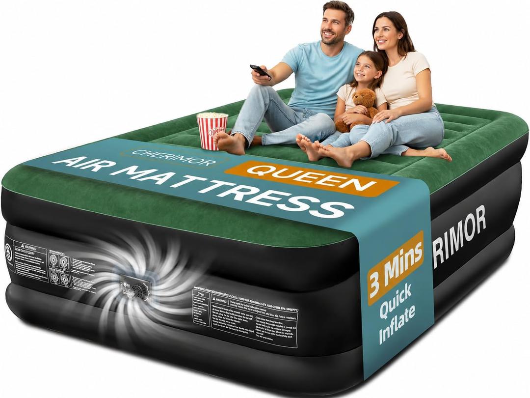 CHERIMOR Queen Air Mattress with Built-in Pump, 18" Raised Comfort, 800lbs Heavy-Duty Support, Anti-Sag Horizontal Beam, Leak-Resistant Design, 3-Min Fast Inflation Blow Up Bed for Guests & Camping