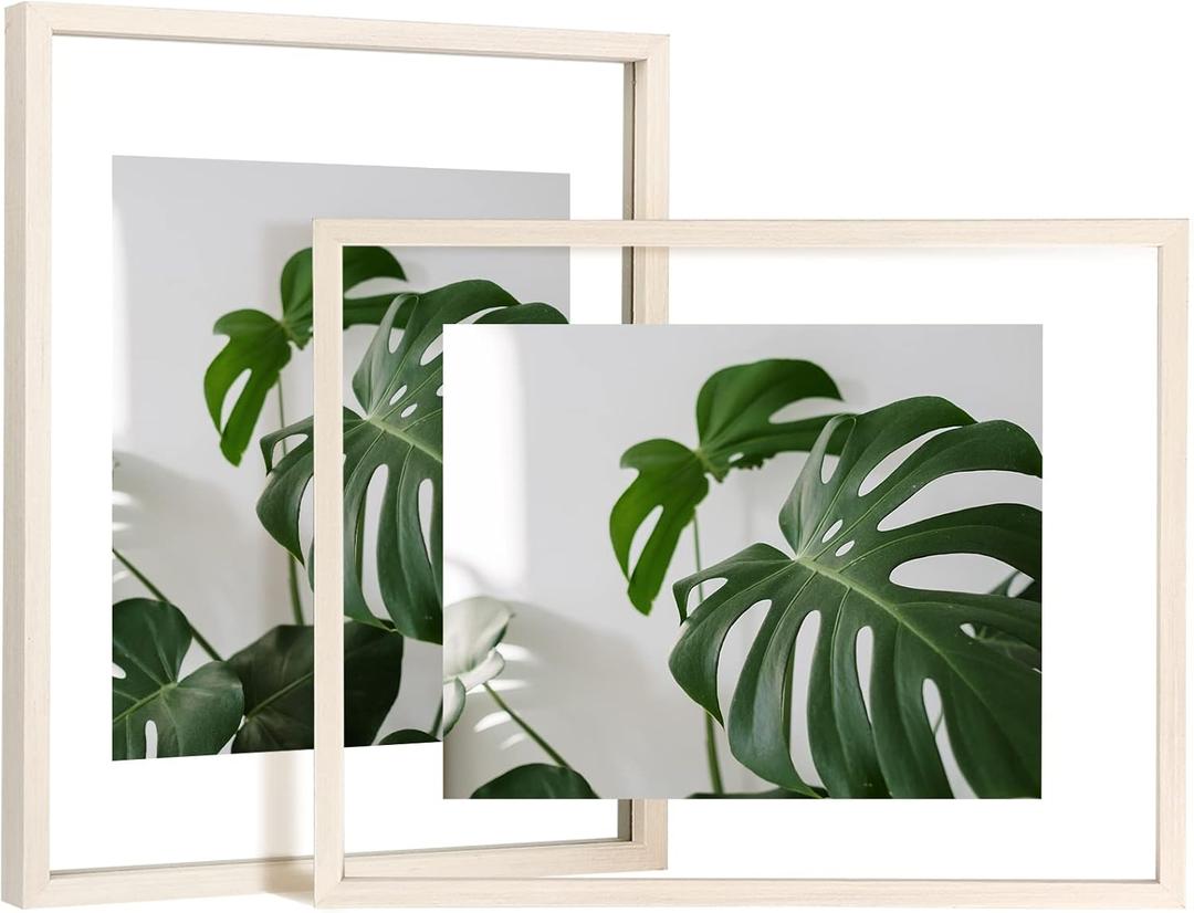 Egofine 11x14 Floating Frames Set of 2, Double Plexiglass Picture Frame, Made of Solid Wood Display Any Size Photo up to 11x14, Wall Mount or Tabletop Standing, Beige