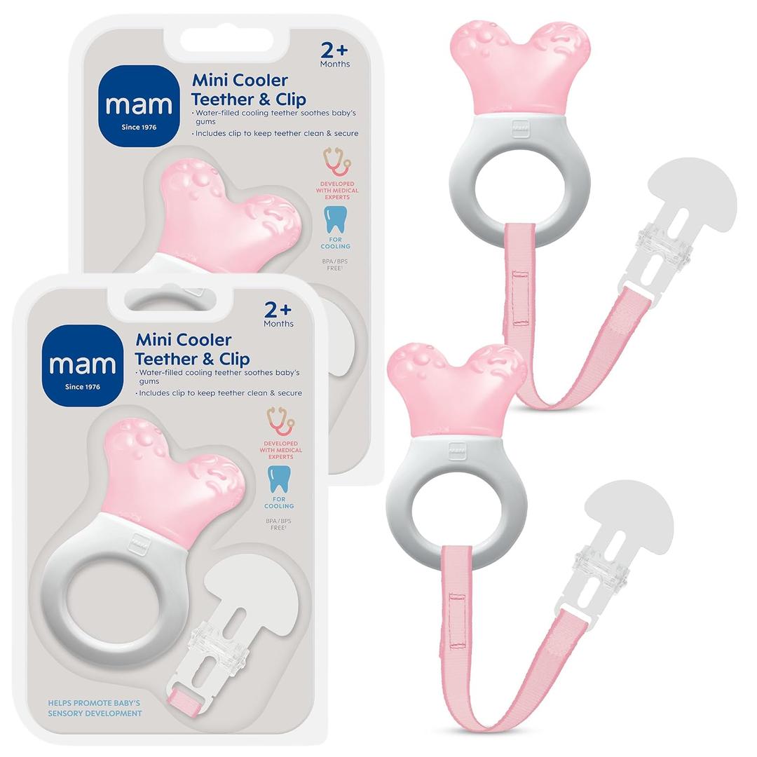 MAM Mini Cooler Baby Teether with Clip (2 Pack) Cooling Teething Rings for Teething Relief, Lightweight Easy-Grip Design, Reaches Back Teeth, Refrigerator Safe Infant Teething Toy, Pink