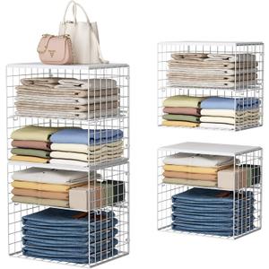 Huxitocan 4-Tier Stackable Closet Organizers and Storage Shelves, Closet Storage Basket with Wood Tops, Adjustable Height Dividers Closet Storage Bins for Home Closet Organizer System, White