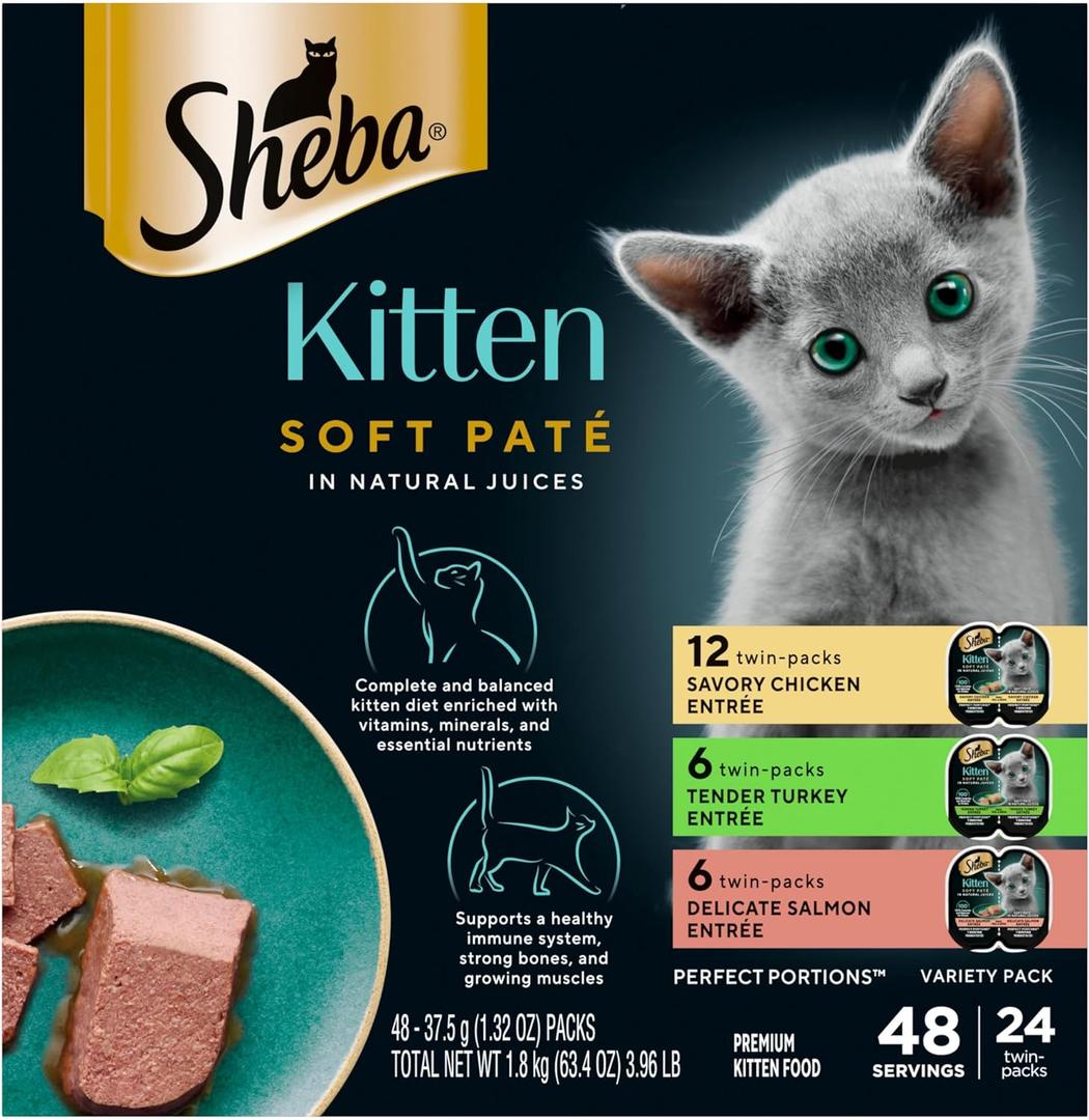 Sheba Perfect Portions Kitten Wet Cat Food Pate Chicken Entree, Salmon Entree, and Turkey Entree, 2.6 oz. Twin-Pack Trays (24 Count, 48 Servings), Best By: 12/10/2026