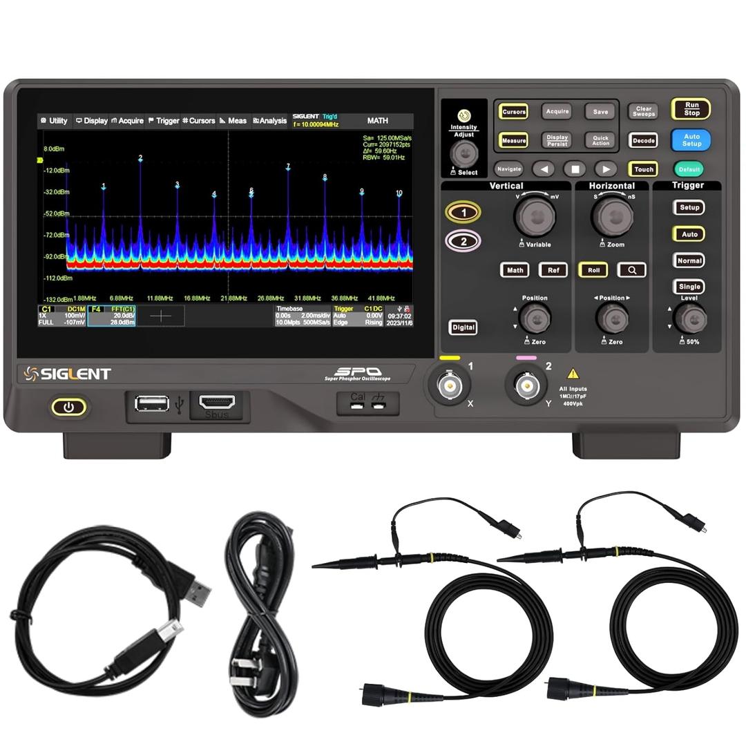 SIGLENT Digital Oscilloscope SDS802X HD 70MHz Frequency Band + 12 bit Vertical Resolution + Maximum 2 GSa/s Sample Rate + 2 Analog Channels + 50 Mpts Maximum Memory Length + 500,000 Wfms/s Waveform