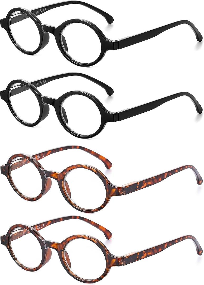JM Set of 4 Retro Round Reading Glasses Spring Hinge Readers Men Women Glasses for Reading 4 Pack Mix, +1.75