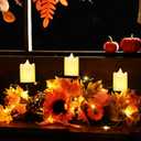 meekoo Thanksgiving Fall Centerpiece Table Decoration 3 Candle Holders Fall Harvest Decor with 3 LED Candles Autumn Pumpkin Maple Leaves Sunflower Centerpiece for Kitchen Fireplace Mantel (Elegant Style)