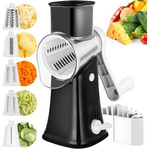 Rotary Cheese Grater, 5 in 1 Rotary Grater, Replaceable Stainless Blades Cheese Shredder, Cheese Slicer, Cheese Grater Hand Crank, Easy to Clean Kitchen Gadgets with Storage Box (Black)