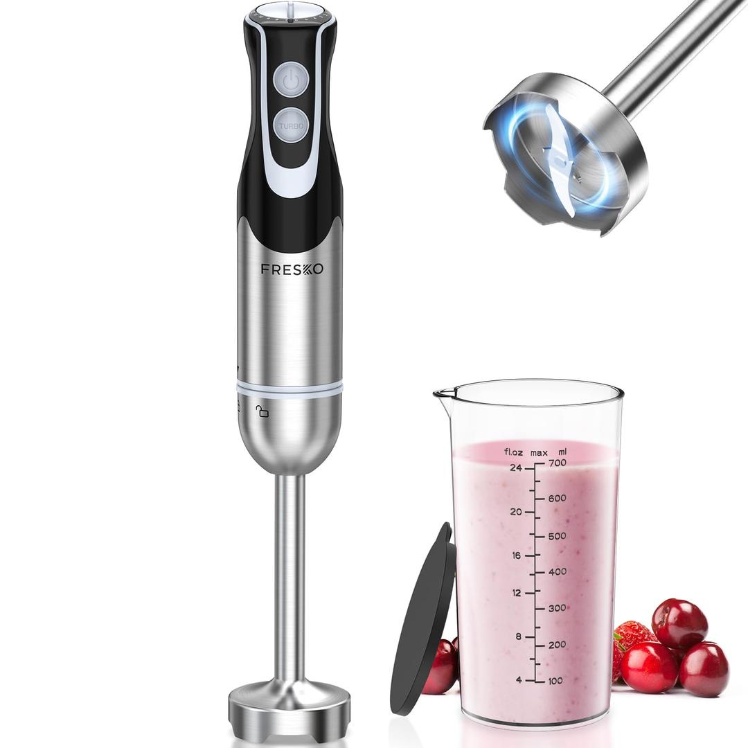 FRESKO Immersion Handheld Blender 500W with 700ml Beaker, 12-Speed & Turbo Mode Hand Blender Stick, 304 Stainless Steel Blades for Soup, Smoothie, Puree, Baby Food