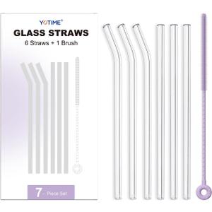 YOTIME 6-Pack Reusable Glass Straws Set, 8.5''x10MM, Set of 3 Straight and 3 Bent with 1 Silicone Cleaning Brush, Perfect for Smoothies, Juice, Milkshake and Coffee (Clear Straws, Purple Brush)