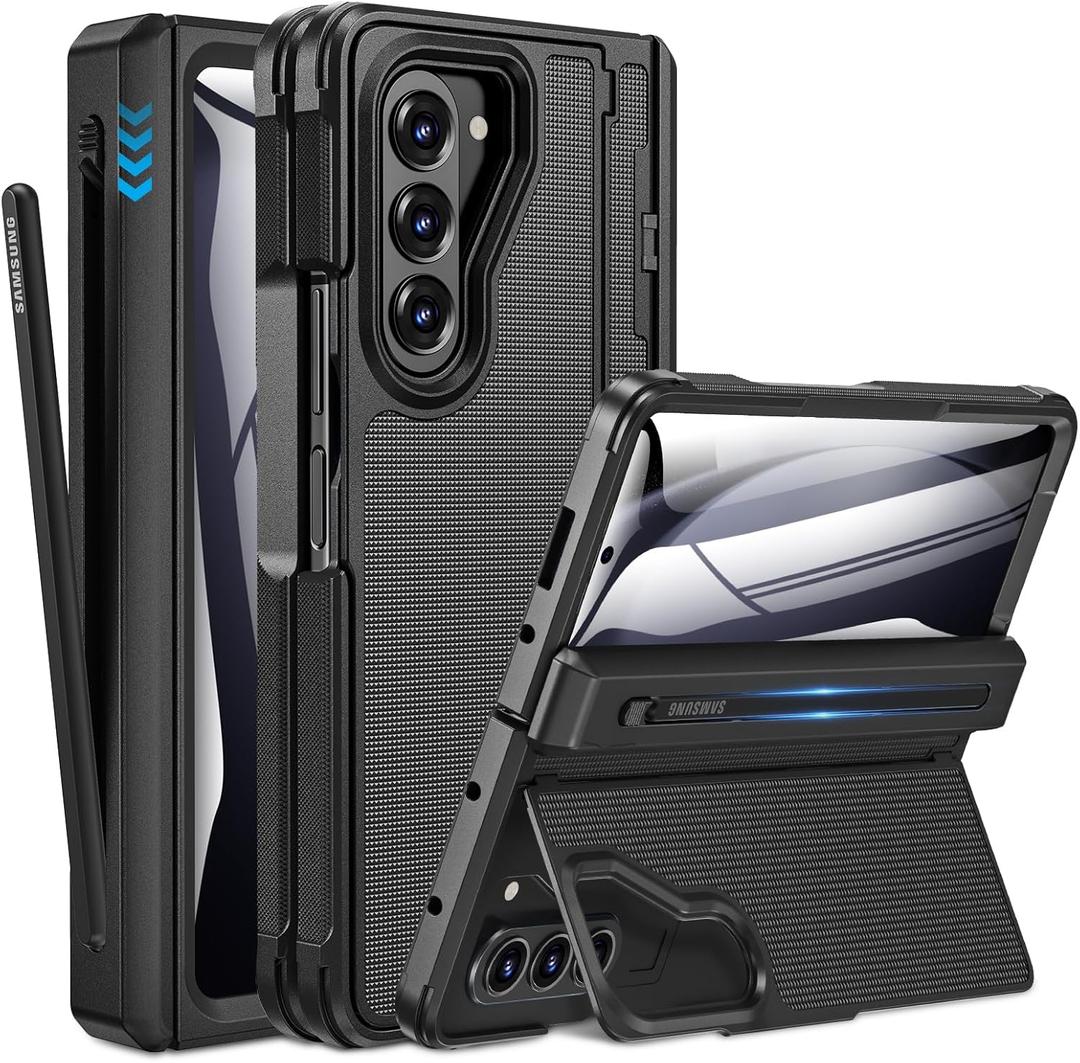 Caka for Samsung Galaxy Z Fold 5 Case [Thinner S Pen Holder] [Hidden Kickstand] [Hinge Protection] [Screen Protector] Full Body Hard Shockproof Phone Cover with Anti-Slip Textured for Fold5 - Black