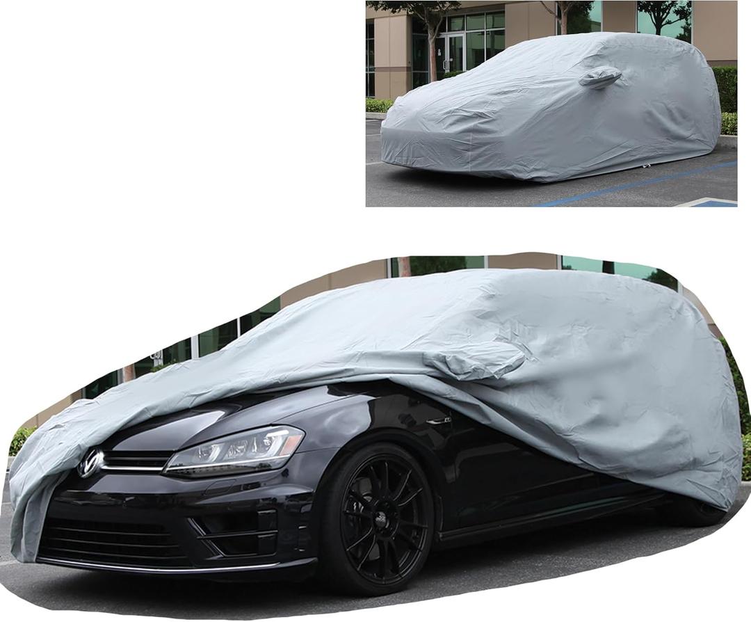 All Weather Waterproof car Cover Good for rain Snow uv Protection dust Compact Hatchback Golf GTI i3 Civic Elantra Soul Versa Gray (WB - (See Size Chart))
