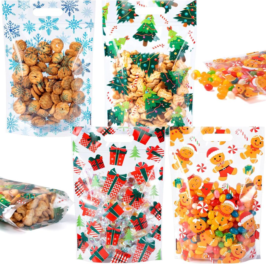 60pcs Christmas Treat Bags,Christmas Plastic Resealable Candy Gift Bag with Handle,Transparent Snowflake Gingerbread Sealing Goodie Pouch for Xmas Winter Holiday Party Favors Decorations,9X6inch (Colorful)
