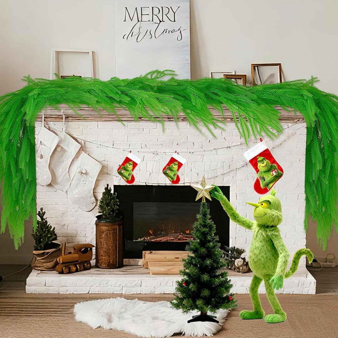 12FT2 * 6FT Artificial Norfolk Pine Garland, 2025 Lime Green Christmas Garland Realistic Touch for Mantel Table Fireplace Staircase Door Indoor Outdoor Christmas Decorations