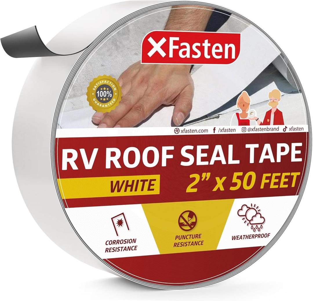 XFasten RV Roof Repair Tape White, 2 Inch x 50 Feet, Waterproof Mess-Free Sealant Tape for Camper Roof, RV Rubber Patch, Trailer, Vent, Skylight, and Boat Sealing  Super Strong UV-Resistant Adhesion