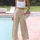 Faleave Women's Cotton Linen Summer Palazzo Pants Flowy Wide Leg Beach Trousers with Pockets (Beige, M)