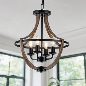 16.5 Inch Wood Farmhouse Chandelier, Black Dining Room Light Fixture, 4-Light Rustic Kitchen Chandelier for Dining Room, Adjustable Hanging Light Fixtures for Kitchen Island Entryway Foyer Hallway