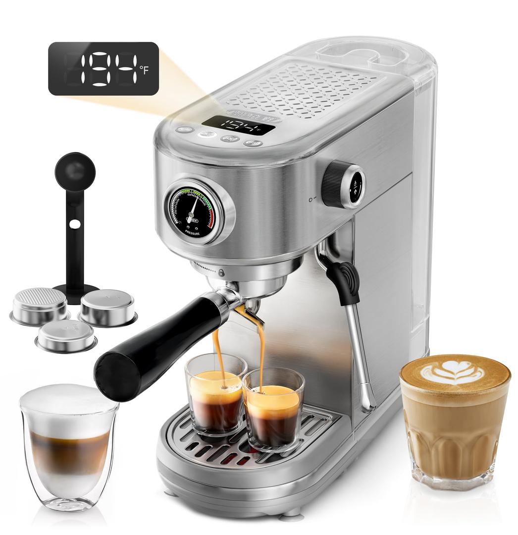 HIBREW H10B - 51mm Espresso Machine - Temperature & Cup Volume Adjustable at will - With Intelligent Display Screen & Pressure Gauge - Stainless Steel Body (Stainless Steel)
