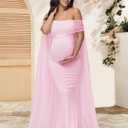 Maternity Mesh Off Shoulder Chiffon Cloak Maxi Photoshoot Dress (Pink, M)