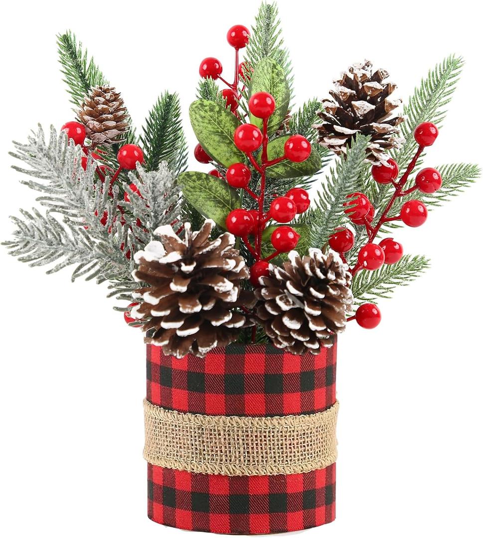 Small Tabletop Christmas Tree, Artificial Mini Christmas Tree Decorations with Pine Cones Red Berries and Green Plants, Suitable for Christmas Decorations Indoor Tables in Households