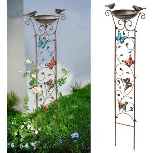 SUNNYPARK Bird Bath with Trellis Outdoor, Antique Garden Iron Trellis with Decorative Butterflies Detachable Bird Bowl Metal Potted Plants Support for Climbing Flowers