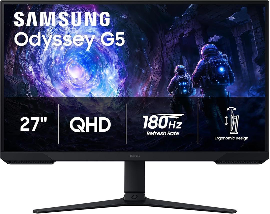 Samsung 27" Odyssey G5 (G51F) Series QHD (1440P) Gaming Monitor | 180Hz, 1ms, AMD FreeSync, HDR10, Height Adj Stand, Black Equalizer, Virtual Aim Point, Auto Source Switch+ (LS27FG512ENXZA)