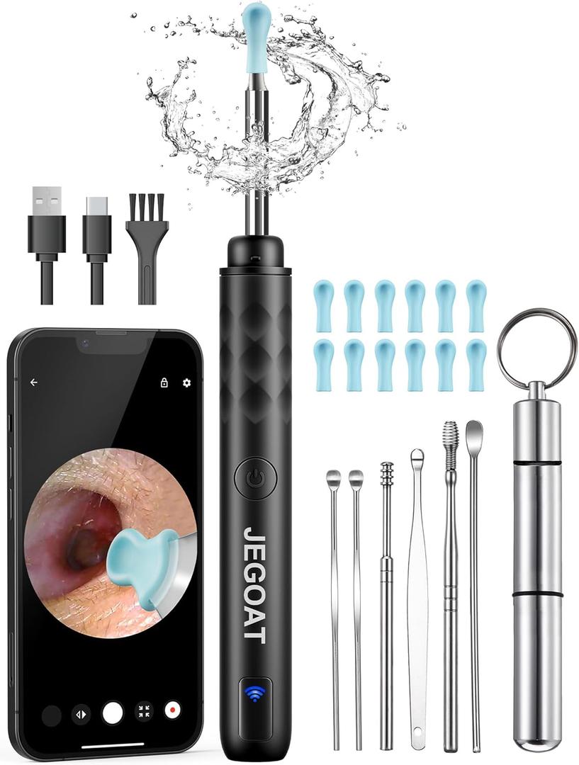 Jegoat Ear Wax Removal, Ear Wax Removal Tool Camera with 1296P HD Camera and 6 LED Lights, Ear Cleaner with 12 Ear Pick, Upgraded Ear Wax Removal Kit for iOS and Android, Black