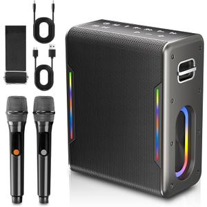 Karaoke Machine with Two Wireless Microphones, Powerful Portable Bluetooth Speaker for Adults & Kids, PA System with 2 Voice Mode, LED Lights, Supports BT/TWS/AUX/USB/TF for Party (Black) (Black)
