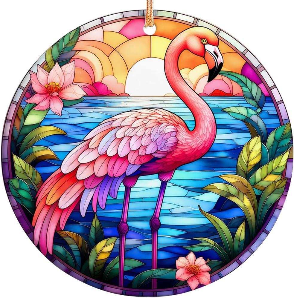 2025 Christmas Ornament  Flamingo Stained Glass Christmas Ornament  Artistic Bird Holiday Decoration, Colorful Keepsake Gift
