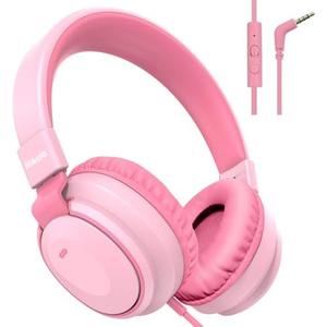 Mokata Headphone Kids Volume Limited 85/96dB Wired Over-Ear/On-Earr Foldable Headset with Inline Cable Aux 3.5mm Cord Mic for Boy Girl Child School PC Notebook Tablet Pink