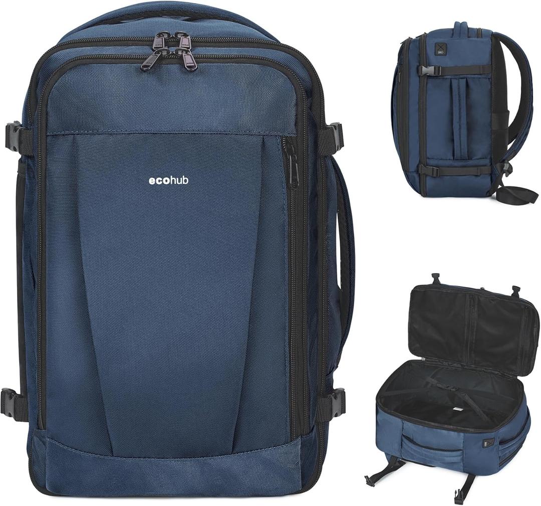 ECOHUB Travel Backpack 18x14x8 Spirit Airlines Personal Item Bag Carry On Backpack 13 Pockets Large Work Casual Daypack for men Airline Approved Waterproof Gym Backpack with Charging Port, Blue (18 inch Underseat)