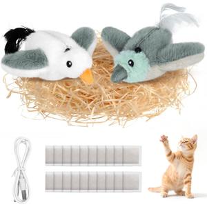 2 PCS Cat Toys, Flapping Bird Cat Toy(No Flying), Interactive Catnip Toy with Catnip Bags, Chirping Enrichment Moving Wings Dog Cat Kitten Toys, Flappy Flying Pets Toy for Indoor (Pigeon & Seagull)