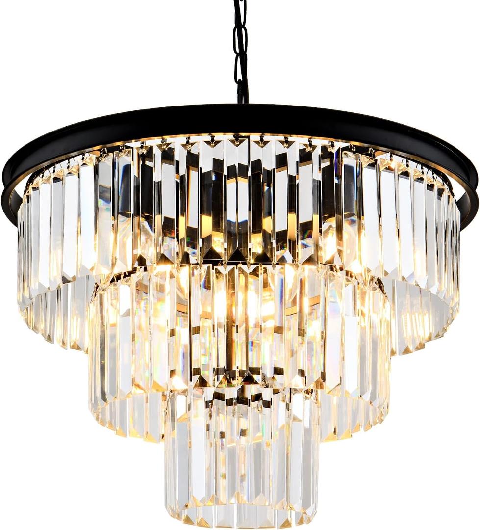 Modern Crystal Chandelier 20'' Black Chandeliers for Dining Room Contemporary Pendant Light Fixture Round 3-Tier K9 Crystal Chandelier Adjustable Height for Living Room, Foyer, Entryway, Bedroom