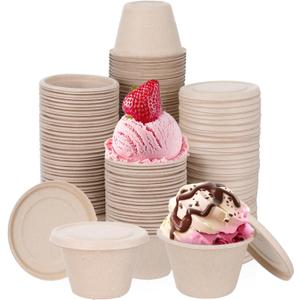 100 Pack 4 Oz Disposable Ice Cream Cups with Lids, Compostable Cups with Lids, Eco-Friendly Paper Bowls for Desserts, Takeout & Parties (3 x 1.77in)
