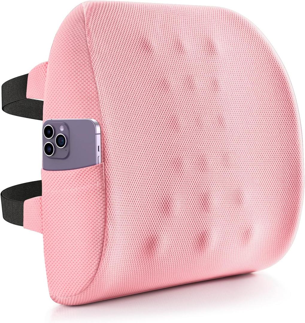 Fyore Lumbar Pillow Memory Foam Back Support Cushion with Anti-Slip Particles Designed for Lower Back Pain Relief Back Pillow 2 Adjustable Straps for Computer/Office Chair,Car Seat,Recliner(Pink)